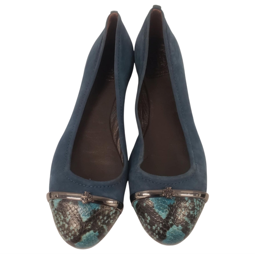 Tory Burch Pacey Driver Ballet Deep Sea Blue Suede Snake Print Flats SIZE 8 M